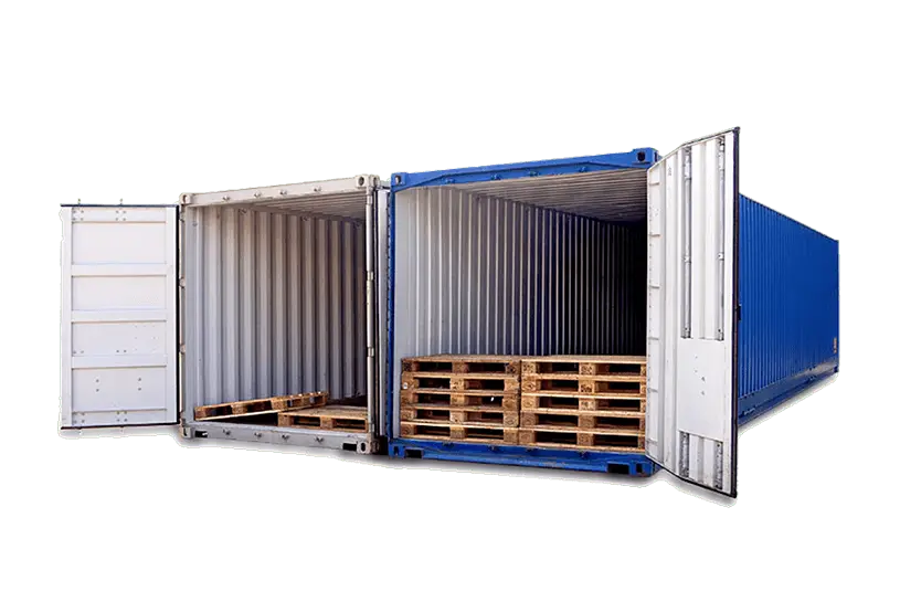 Innenansicht von zwei geöffneten Palettenbreiten Containern der CHS Container Group. Im Inneren befinden sich jeweils zwei Europaletten nebeneinander und mehrere übereinander gestapelt.