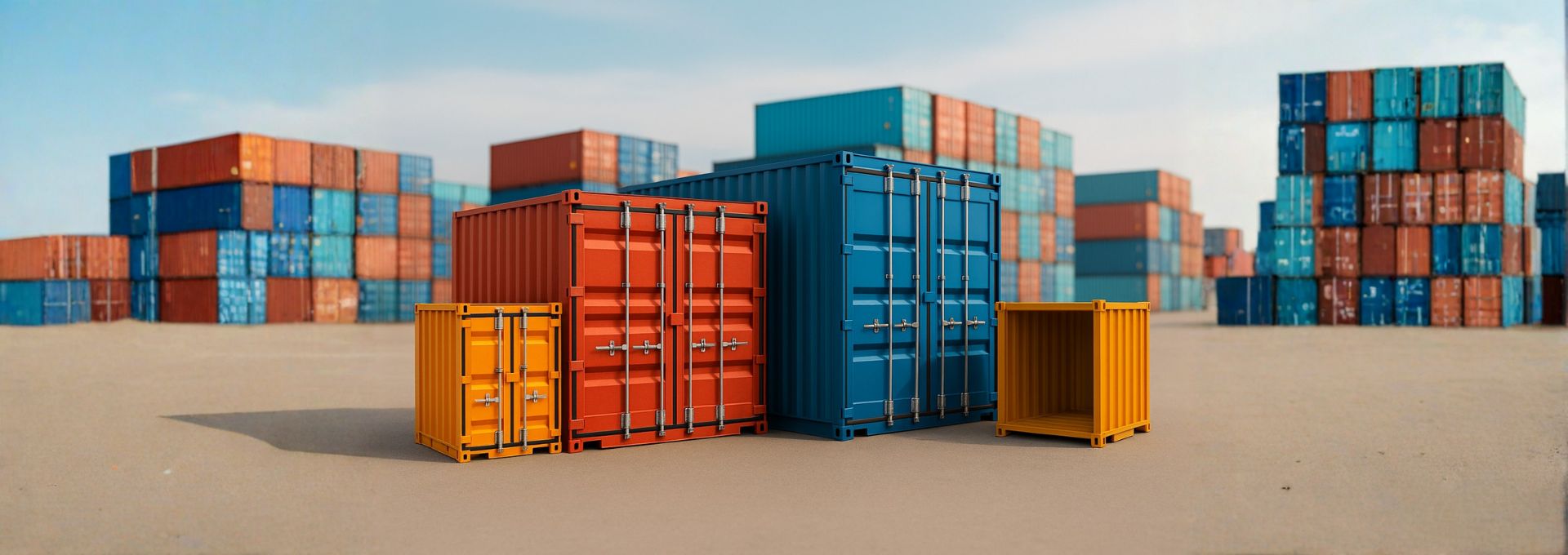 Container in mehreren Größen stehen auf einem Depot