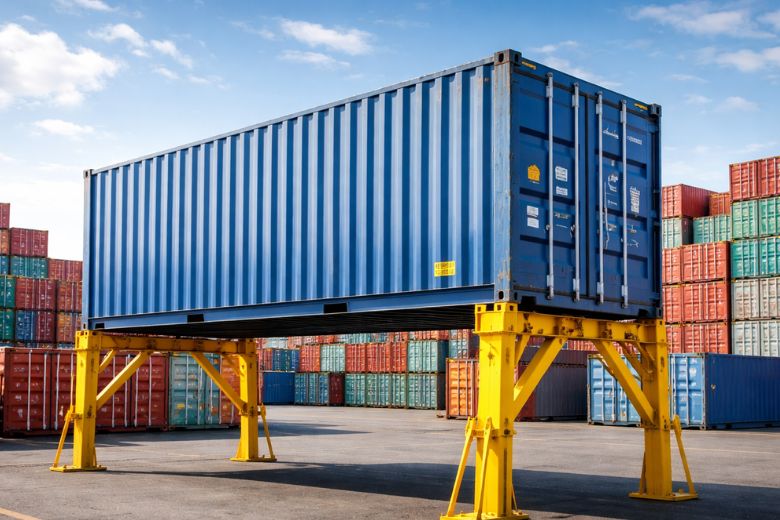 Blauer Seecontainer auf einem Depot, stehend auf Containerstützen