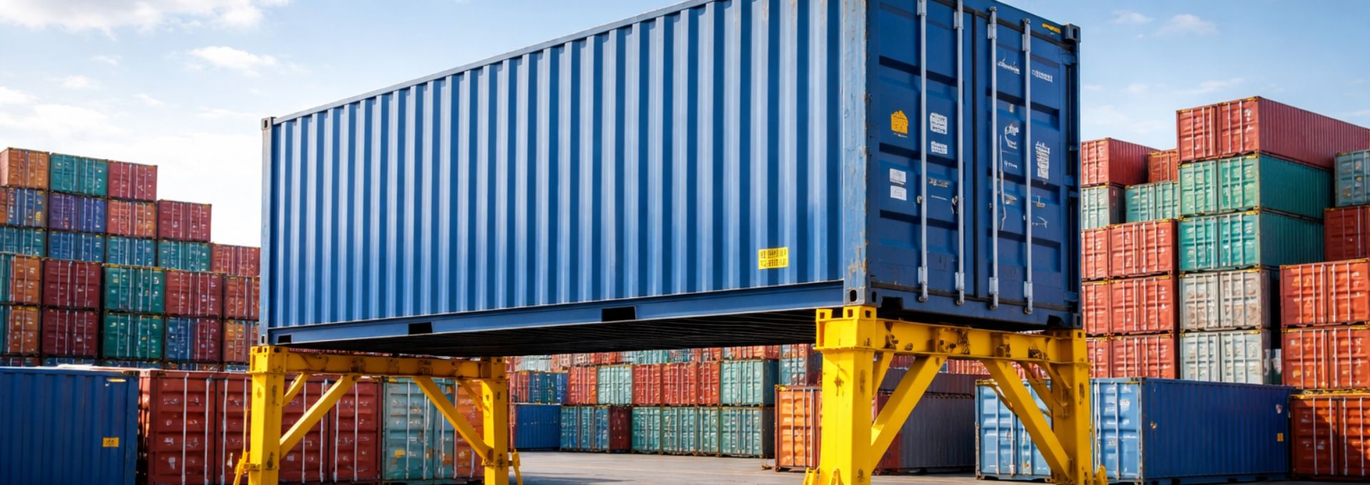 Blauer Seecontainer auf einem Depot, stehend auf Containerstützen