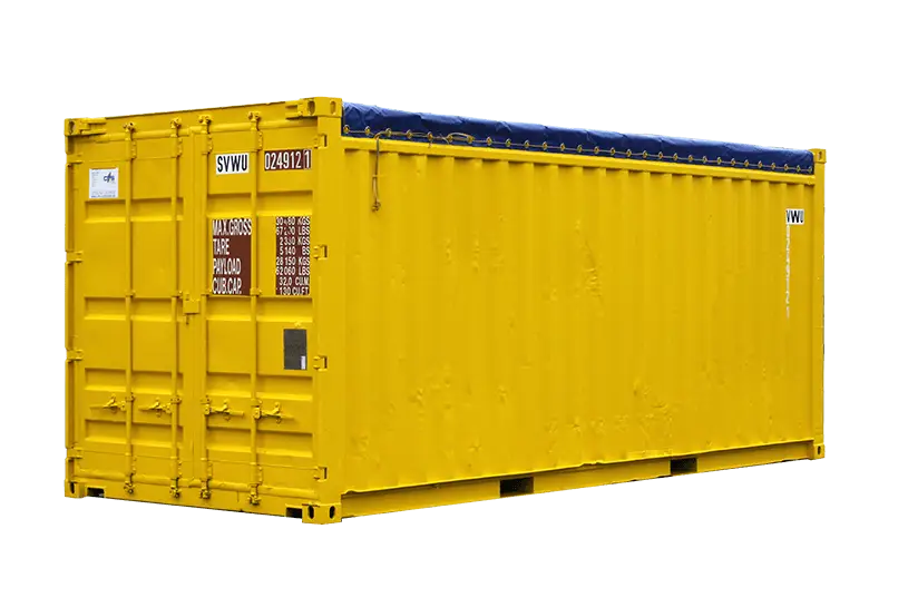 An open-top shipping container sold by CHS Container Group USA.