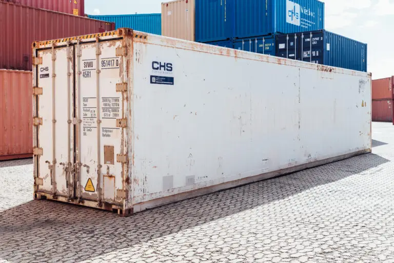 The front and side of a used 40 ft high-cube refrigerated container available for sale by CHS Container Group.