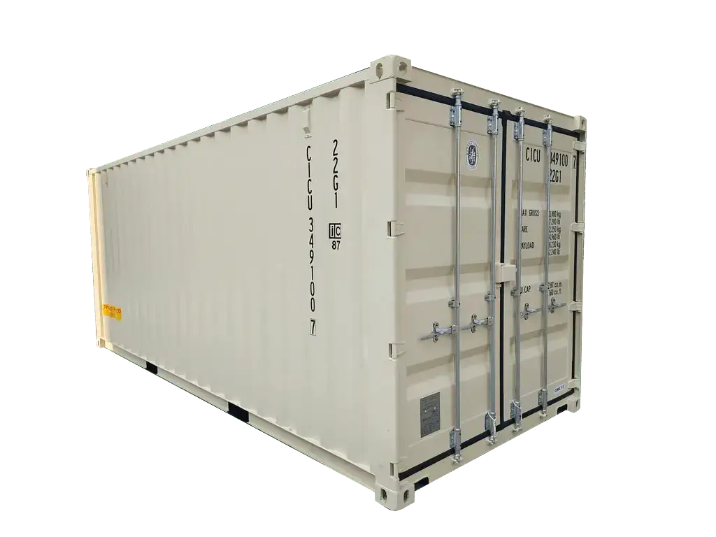 A 20-foot double-door shipping container sold by CHS Container Group.