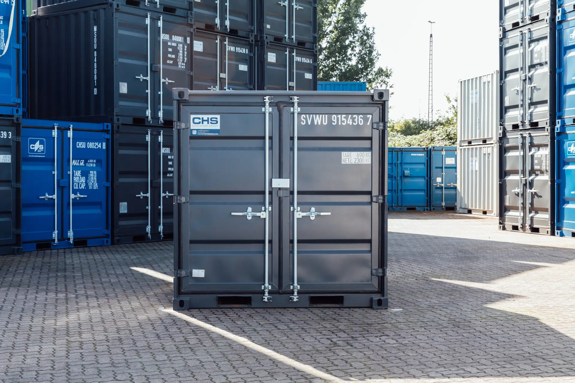 The cargo doors of an 8ft shipping container sold by CHS Container Group.