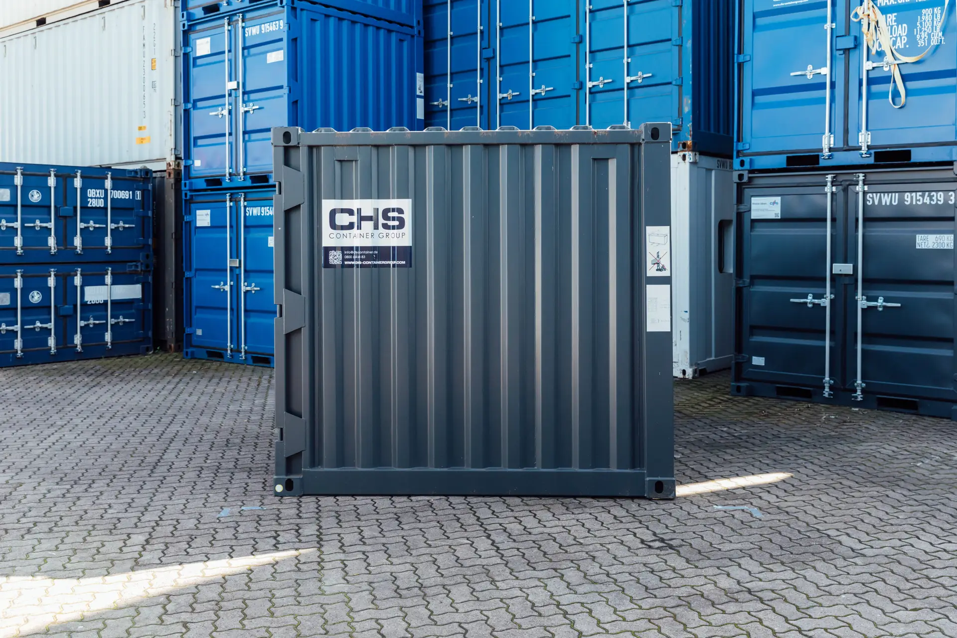 Side view of an 8ft shipping container sold by CHS Container Group.