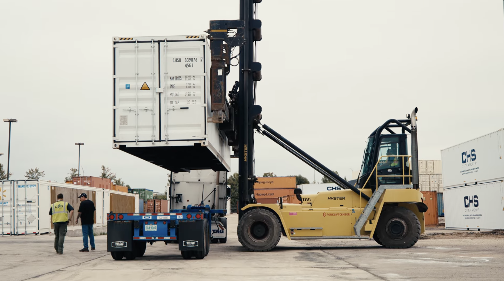 A container being lifted by a forklift at the CHS yard in Memphis.